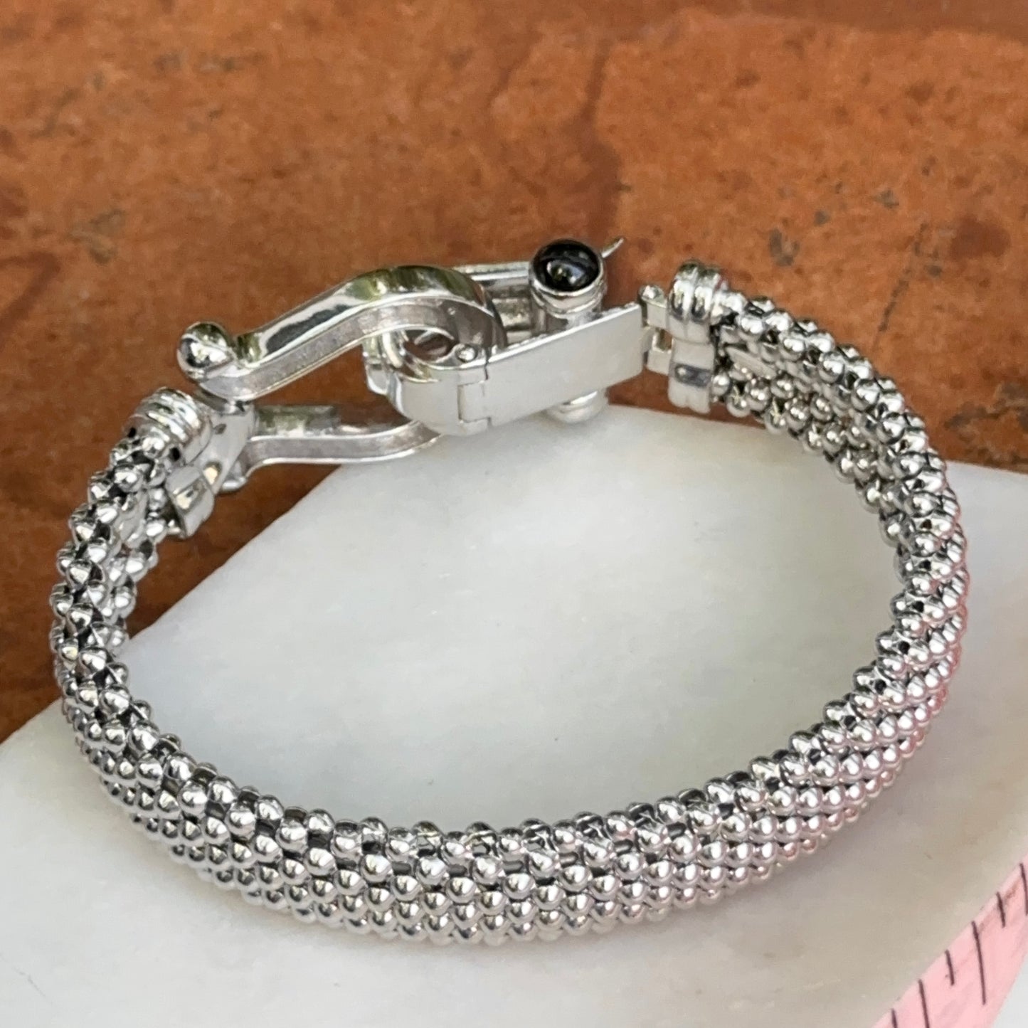 Sterling Silver Mesh Popcorn Horse Bit Diamond + Onyx Bracelet