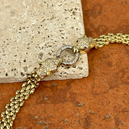 Estate 14KT Yellow Gold Double Panther Head Diamond + Ruby Chain Bracelet