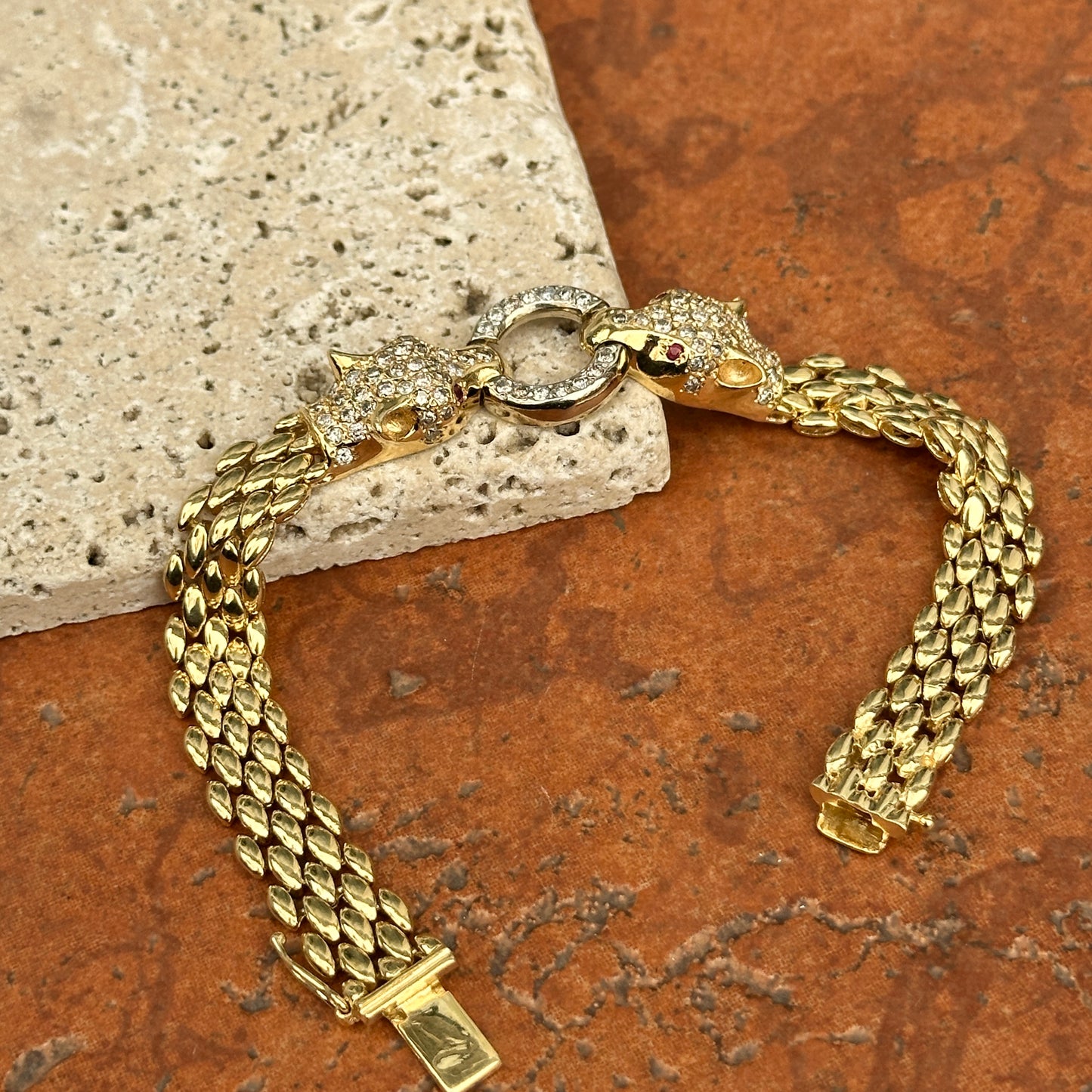 Estate 14KT Yellow Gold Double Panther Head Diamond + Ruby Chain Bracelet