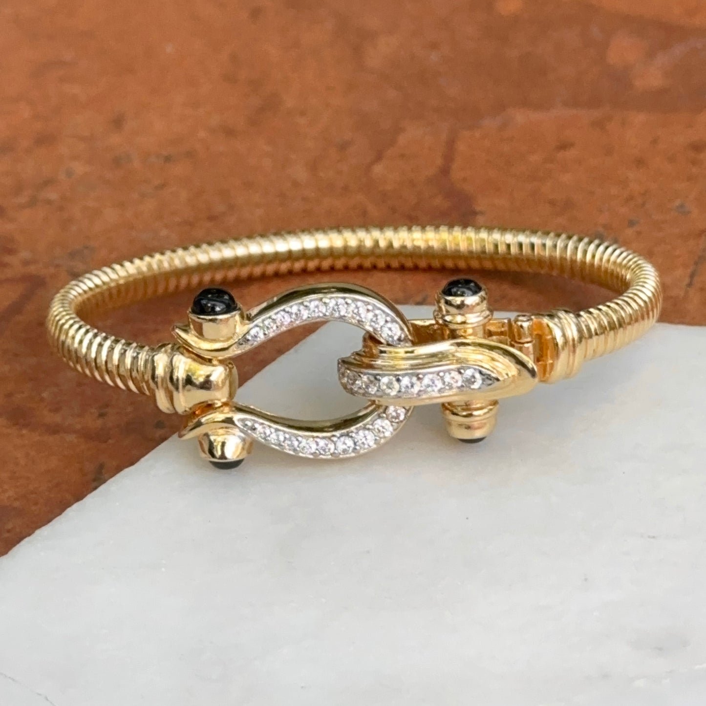 Yellow Gold-Plated Silver Ribbed Horse Bit/Shoe Round Diamond Black Cabochon Wide Bangle Bracelet