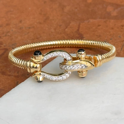 Yellow Gold-Plated Silver Ribbed Horse Bit/Shoe Round Diamond Black Cabochon Wide Bangle Bracelet