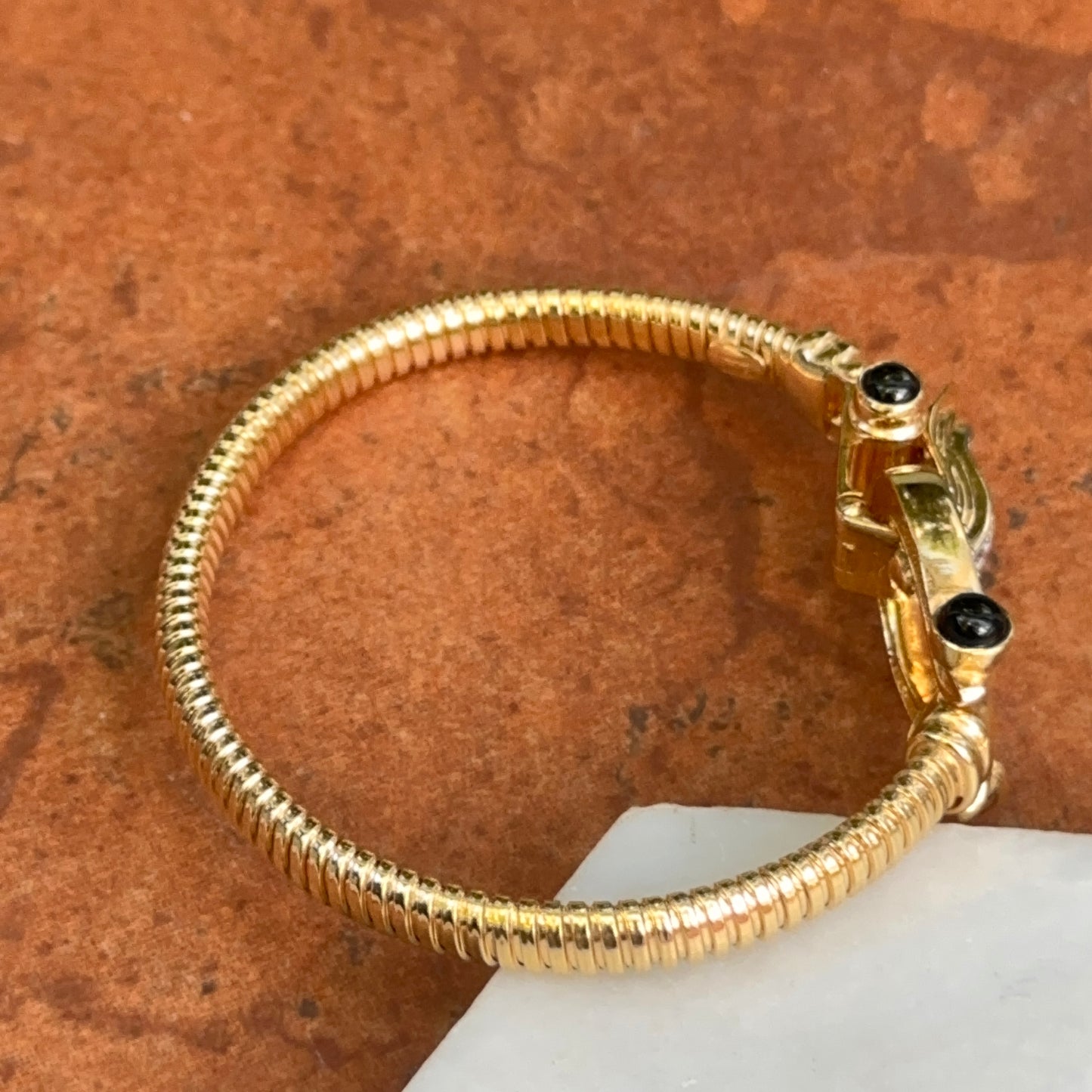 Yellow Gold-Plated Silver Ribbed Horse Bit/Shoe Round Diamond Black Cabochon Wide Bangle Bracelet