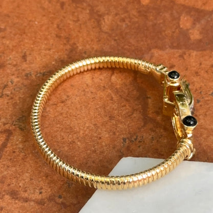 Yellow Gold-Plated Silver Ribbed Horse Bit/Shoe Round Diamond Black Cabochon Wide Bangle Bracelet