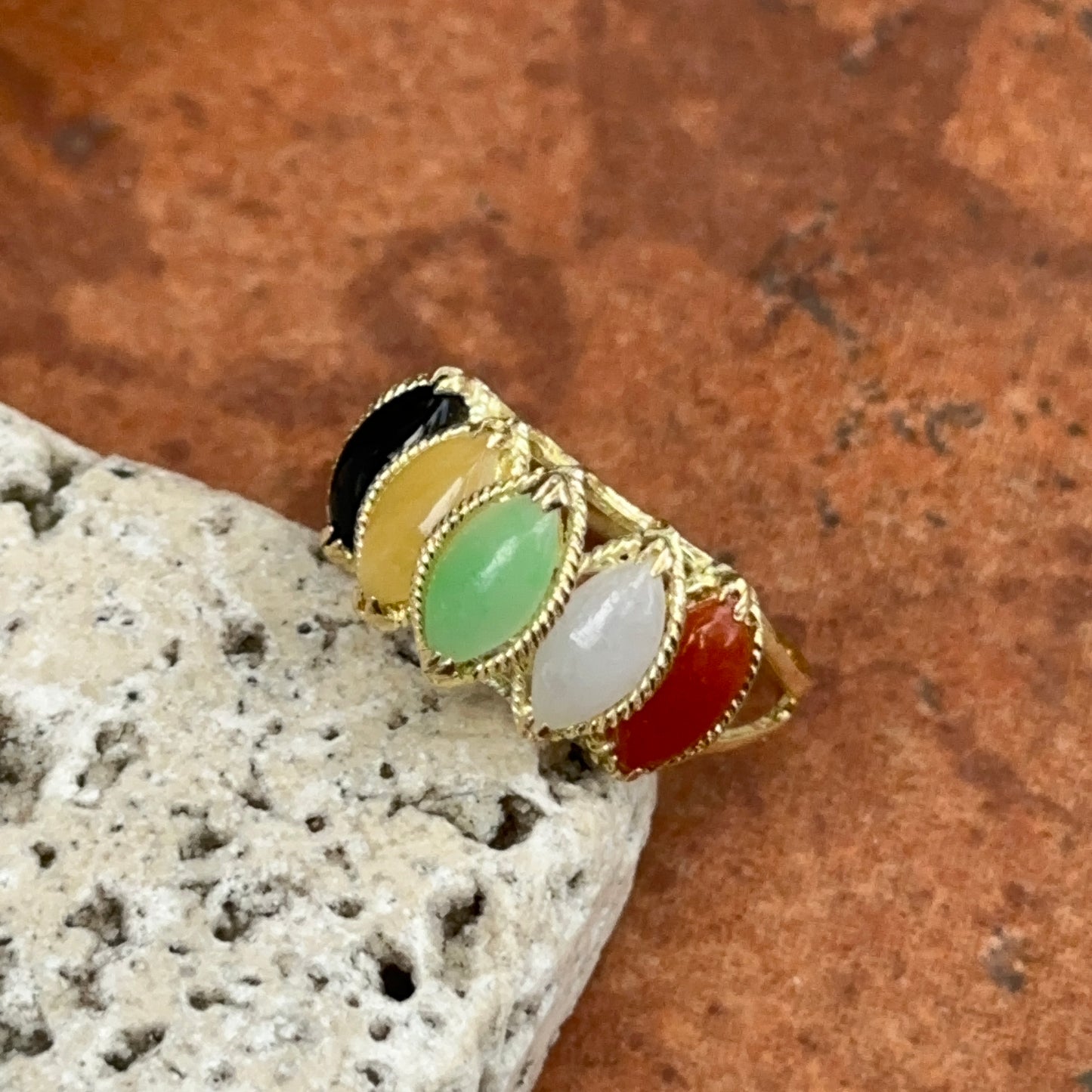 Estate 14KT Yellow Gold Multi Color Marquise Jade Pyramid Ring
