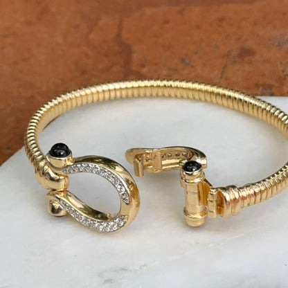 Yellow Gold-Plated Silver Ribbed Horse Bit/Shoe Round Diamond Black Cabochon Wide Bangle Bracelet