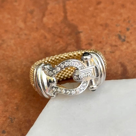 Gold-Plated Mesh Popcorn Black Onyx + Diamond Horse Bit Ring