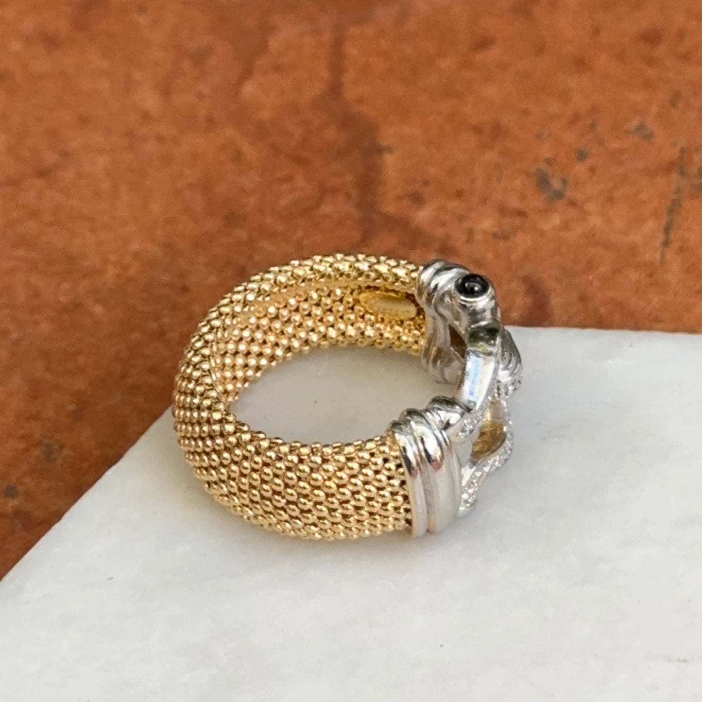 Gold-Plated Mesh Popcorn Black Onyx + Diamond Horse Bit Ring