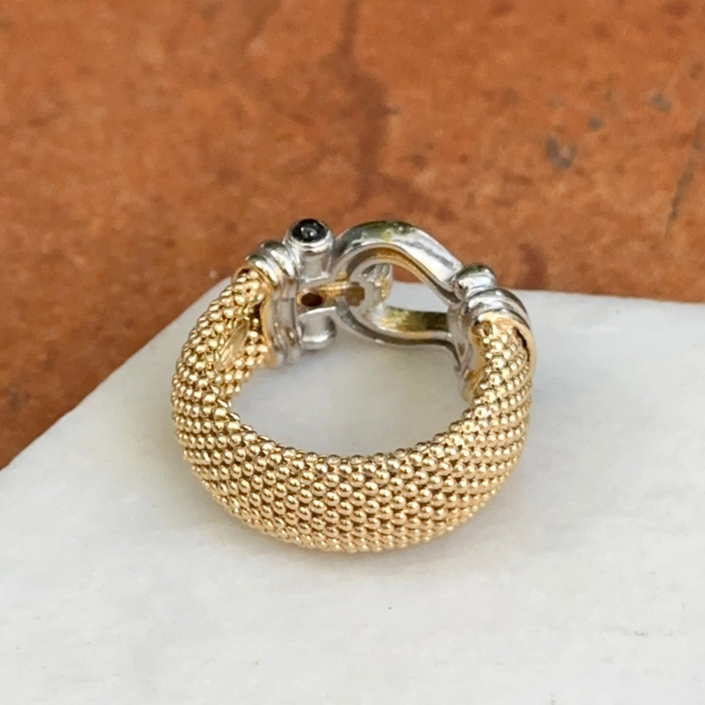 Gold-Plated Mesh Popcorn Black Onyx + Diamond Horse Bit Ring