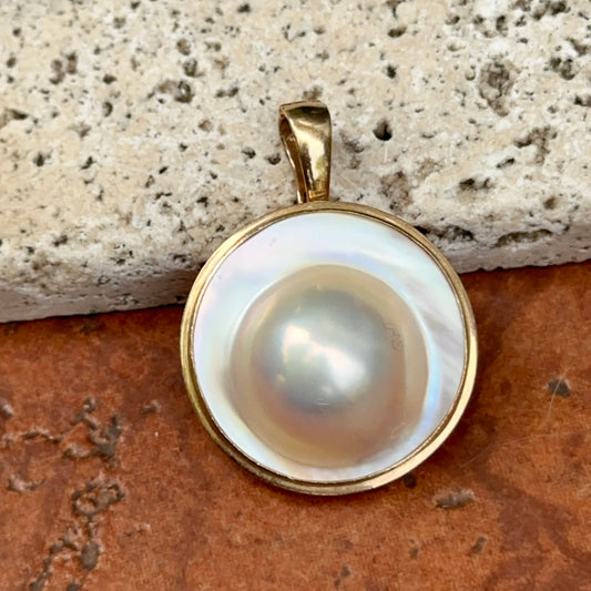 Estate 14KT Yellow Gold Huge Mabe Blister Pearl Enhancer Pendant 30mm