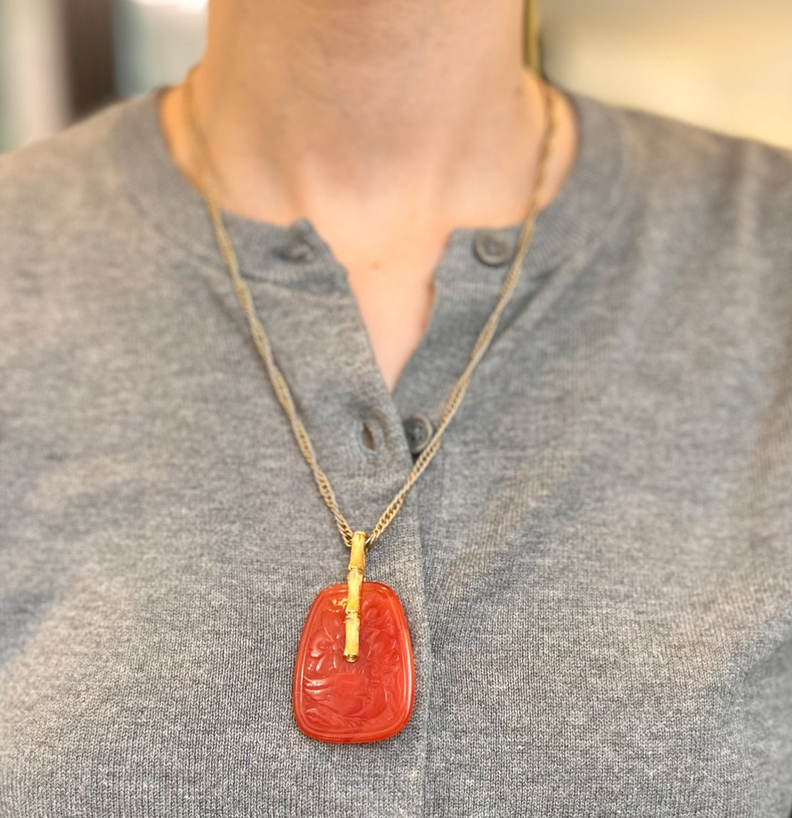 Estate Gold-Tone Bamboo Earrings + Plastic Carved Charms + Necklace Set