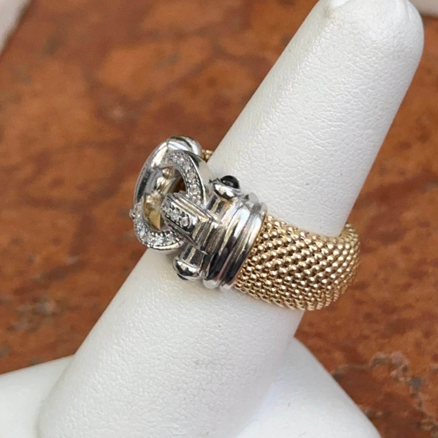 Gold-Plated Mesh Popcorn Black Onyx + Diamond Horse Bit Ring