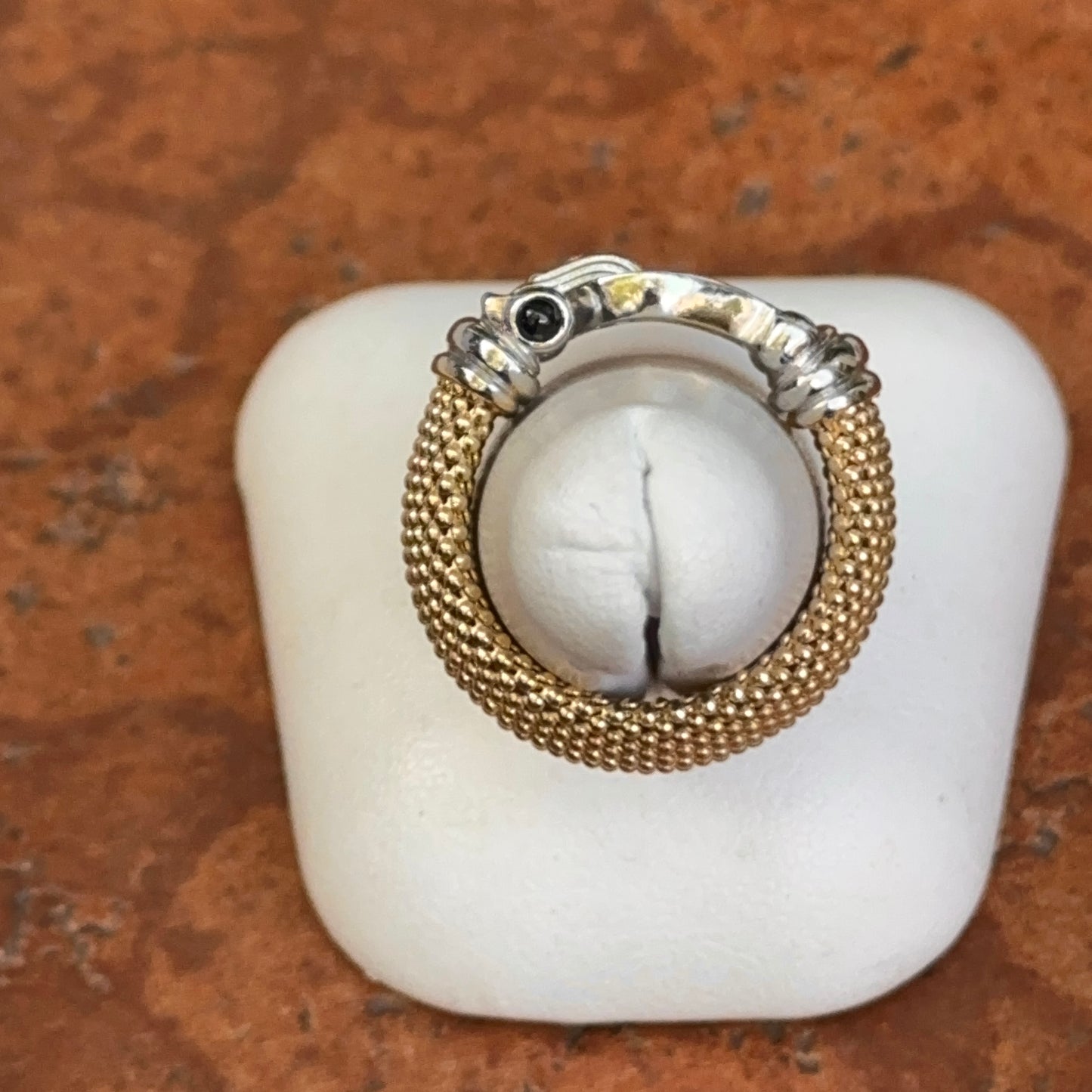 Gold-Plated Mesh Popcorn Black Onyx + Diamond Horse Bit Ring