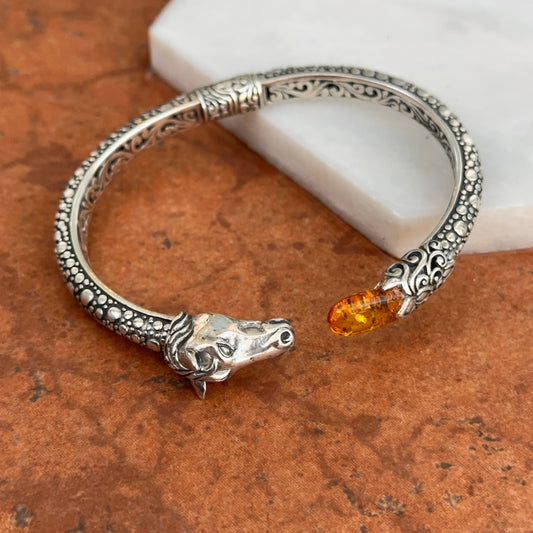 Estate Silver Horse Head + Amber Detailed Hinged Cuff Bracelet 020