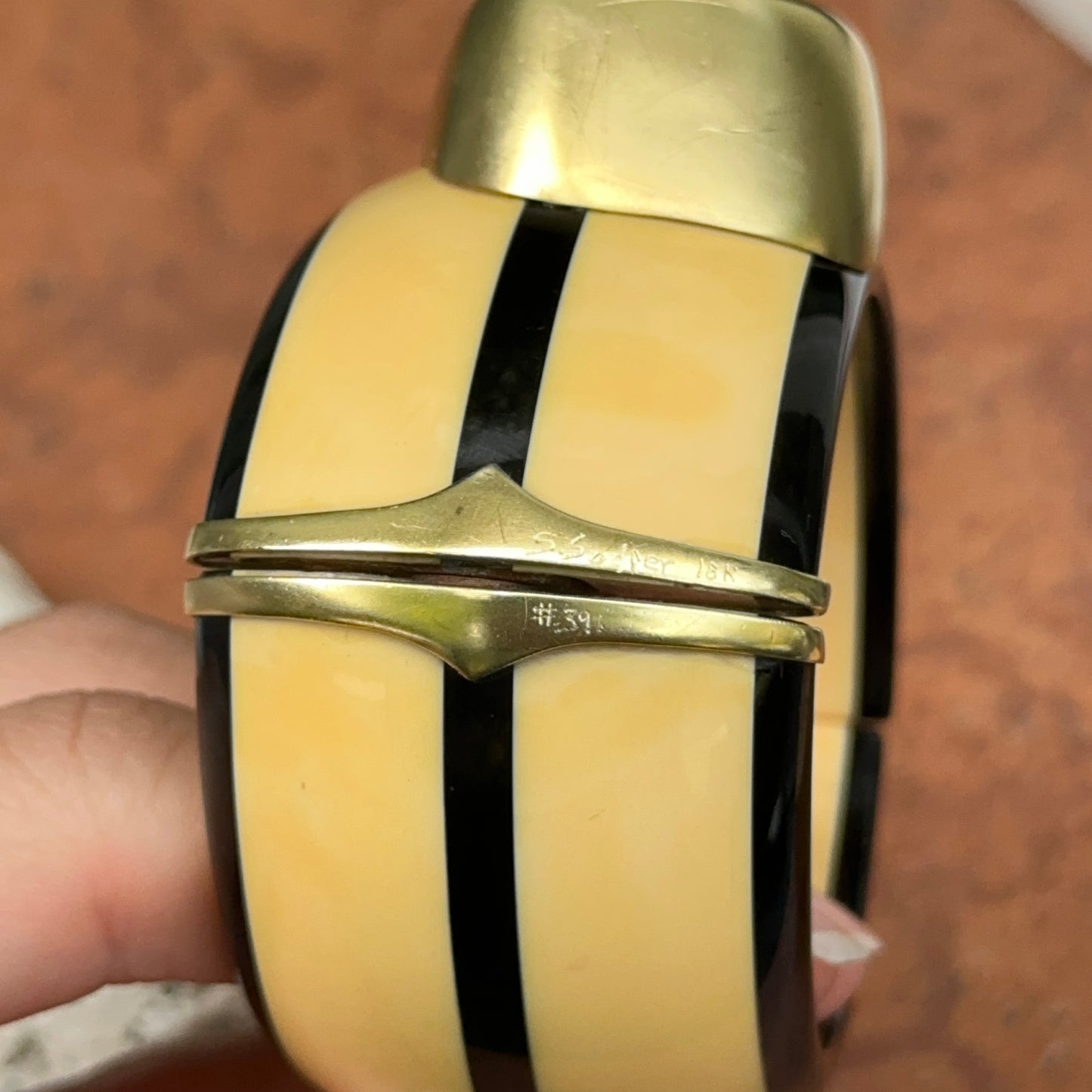 Designer Susan Sadler 18KT Yellow Gold Leopard Jasper + Bakelite Bangle Bracelet