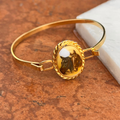 Estate Yellow Gold-Plated Painted Enamel Horse Bangle Bracelet