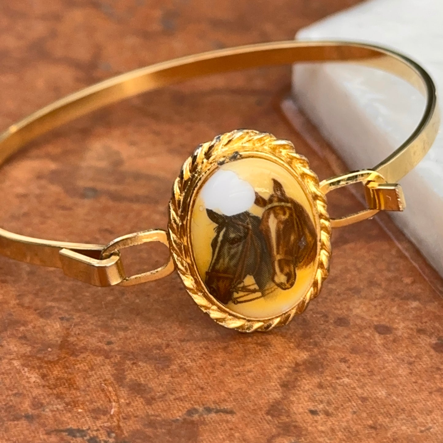 Estate Yellow Gold-Plated Painted Enamel Horse Bangle Bracelet