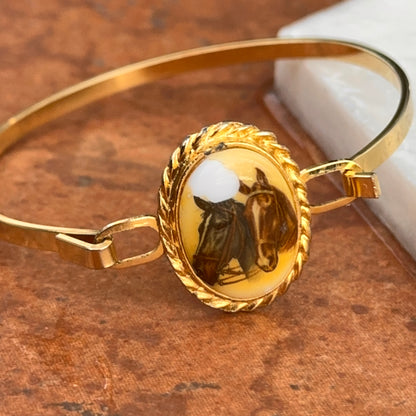 Estate Yellow Gold-Plated Painted Enamel Horse Bangle Bracelet