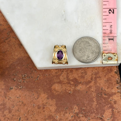Estate 14KT Yellow Gold Oval Amethyst + Round Diamond Slide Pendant