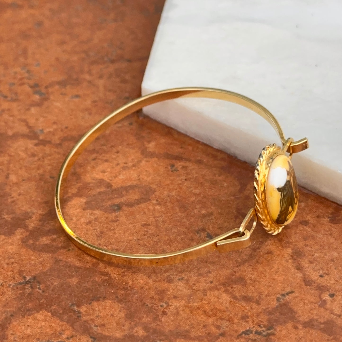 Estate Yellow Gold-Plated Painted Enamel Horse Bangle Bracelet