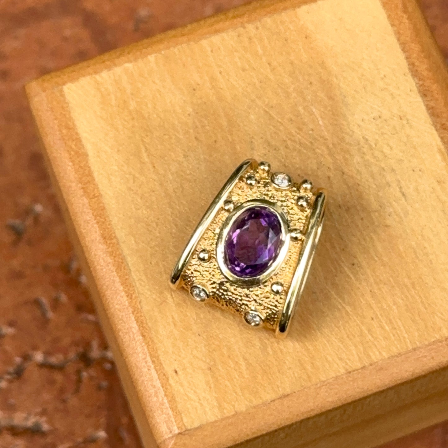 Estate 14KT Yellow Gold Oval Amethyst + Round Diamond Slide Pendant