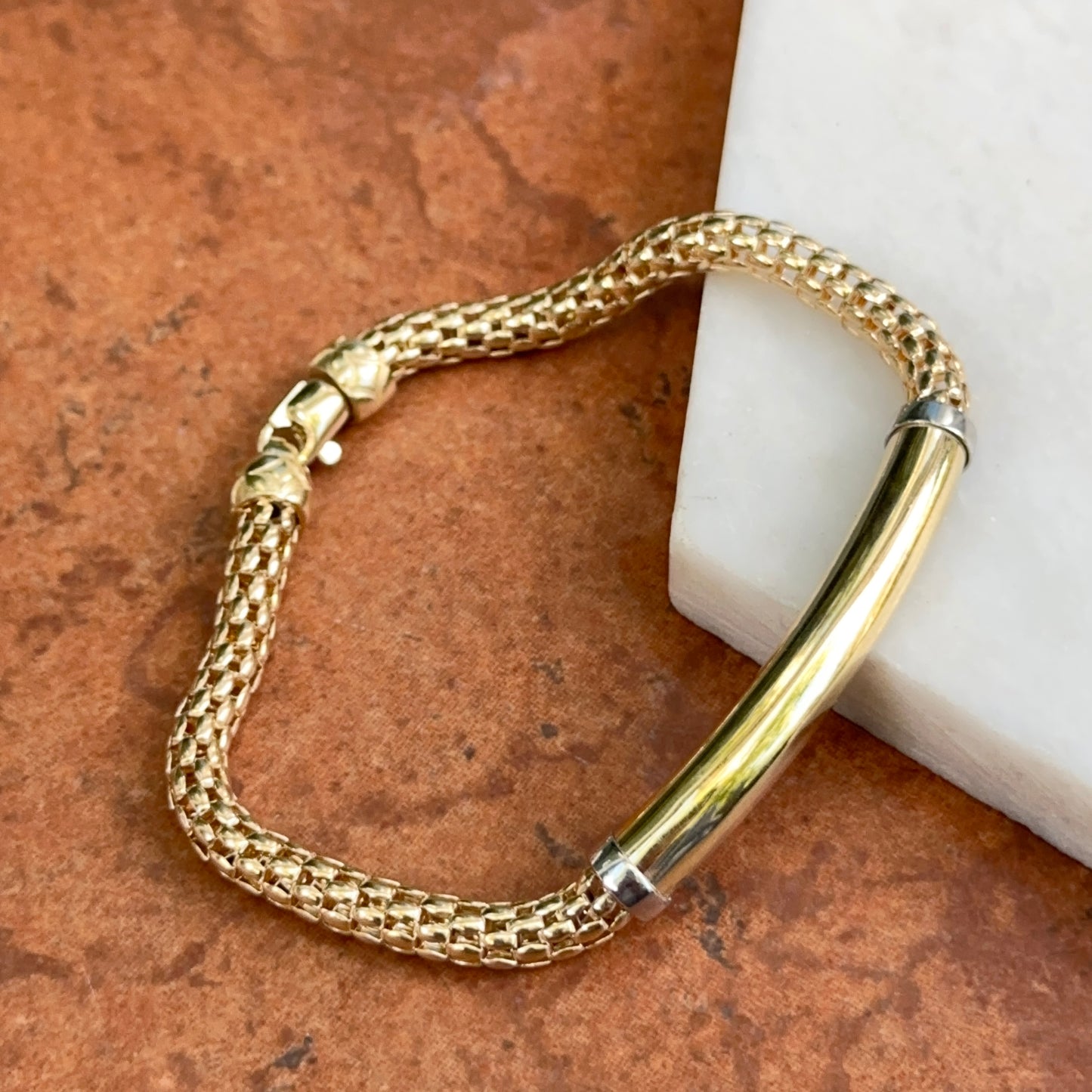 14KT Yellow Gold Popcorn Mesh + Tube Chain Bracelet