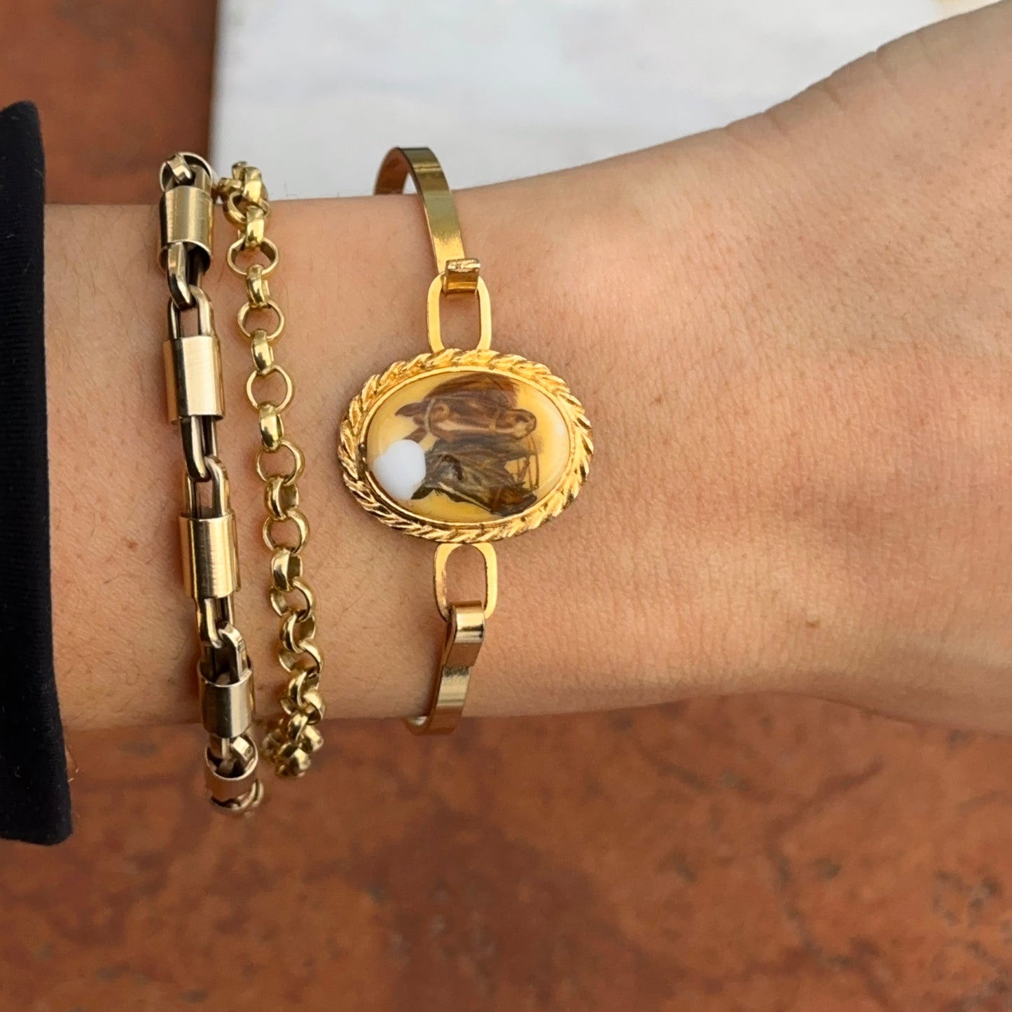 Estate Yellow Gold-Plated Painted Enamel Horse Bangle Bracelet