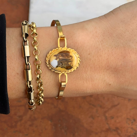 Estate Yellow Gold-Plated Painted Enamel Horse Bangle Bracelet