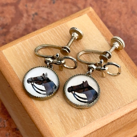 Antique Gold Tone Painted Horse Crystal Non-Pierced Screw Dangle Earrings