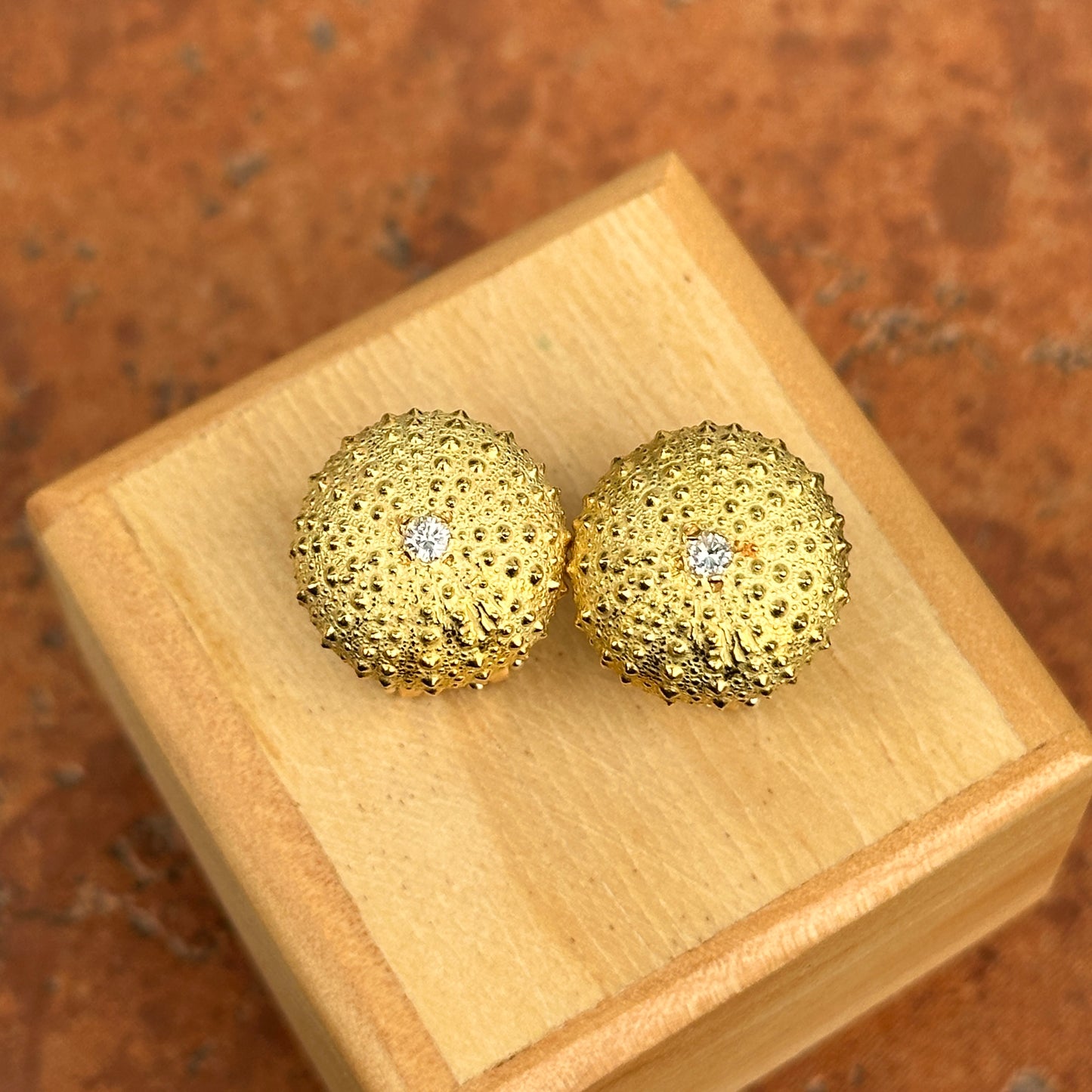 Estate 18KT Yellow Gold Matte Sea Urchin Diamond Omega Back Earrings