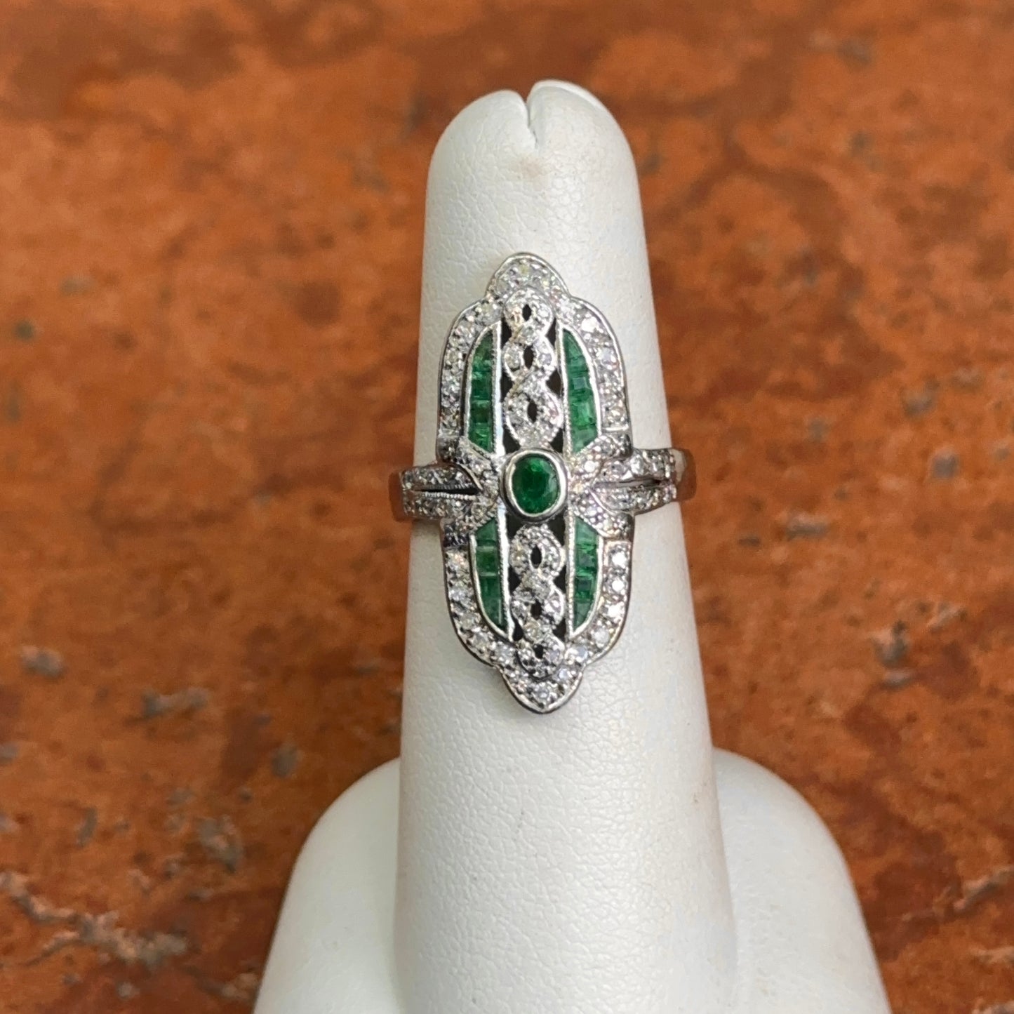 Estate 18KT White Gold Art Deco Emerald + Diamond Ring