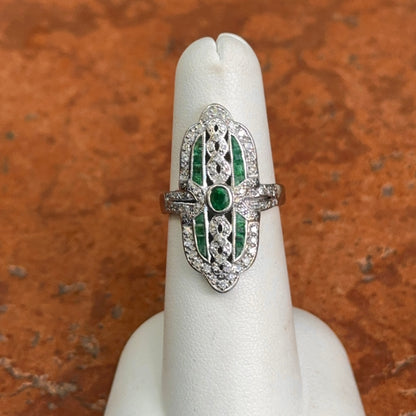 Estate 18KT White Gold Art Deco Emerald + Diamond Ring