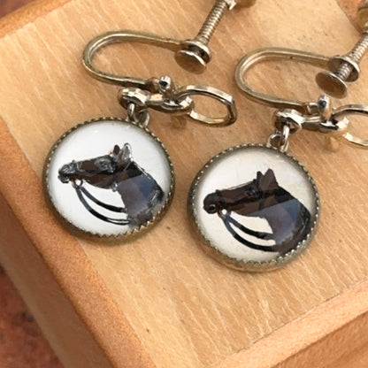 Antique Gold Tone Painted Horse Crystal Non-Pierced Screw Dangle Earrings