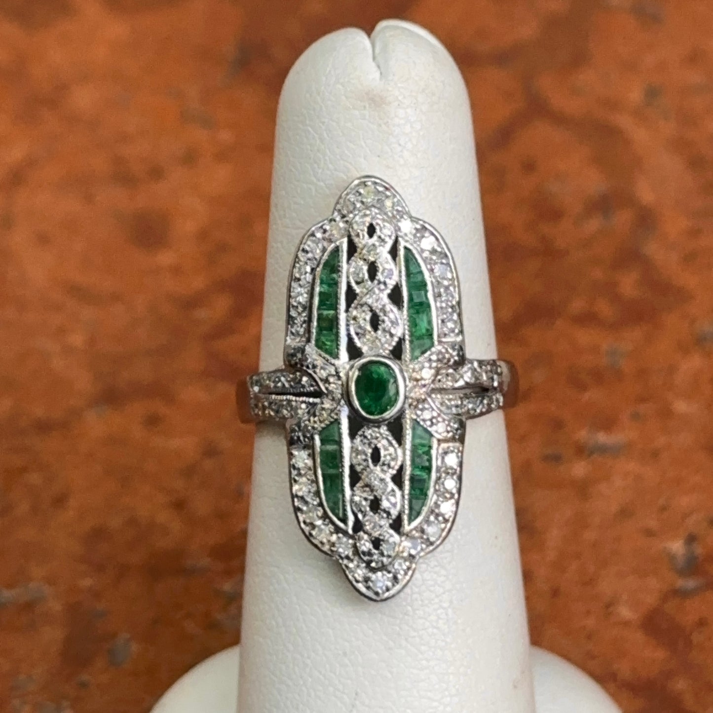 Estate 18KT White Gold Art Deco Emerald + Diamond Ring