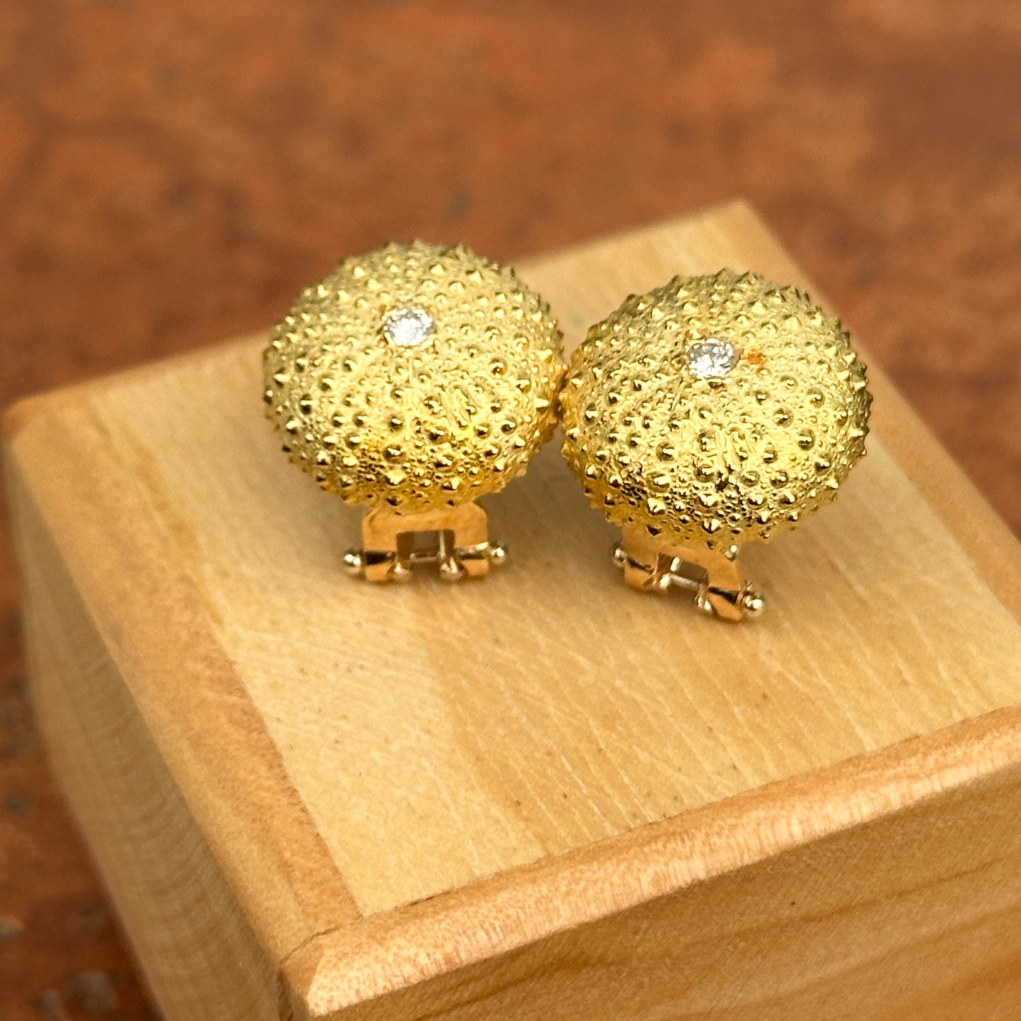 Estate 18KT Yellow Gold Matte Sea Urchin Diamond Omega Back Earrings