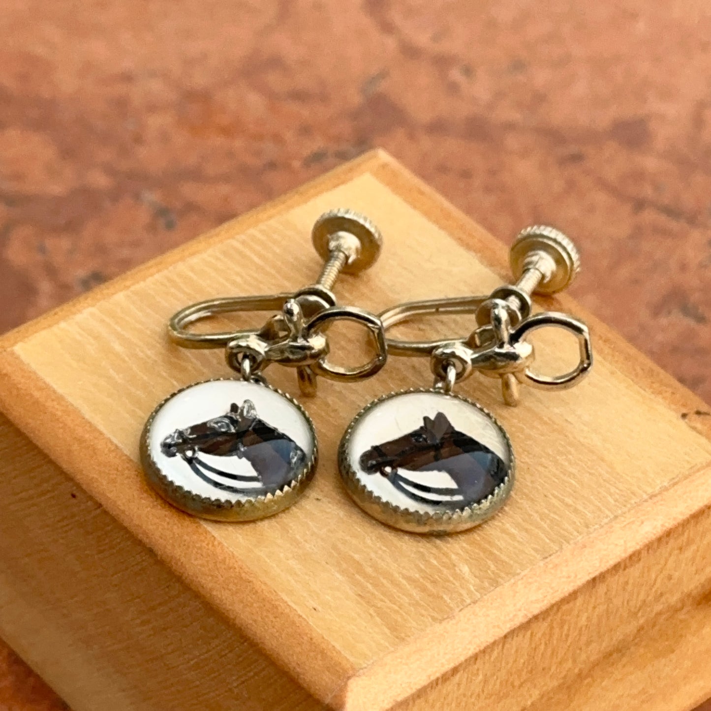 Antique Gold Tone Painted Horse Crystal Non-Pierced Screw Dangle Earrings