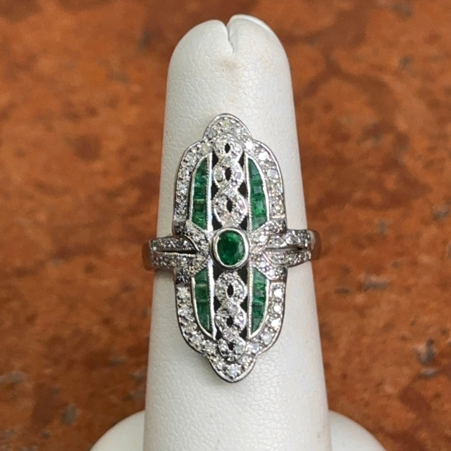 Estate 18KT White Gold Art Deco Emerald + Diamond Ring
