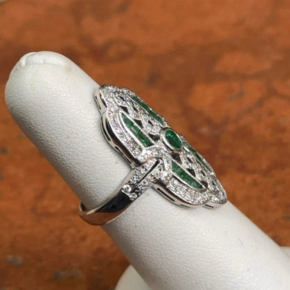 Estate 18KT White Gold Art Deco Emerald + Diamond Ring