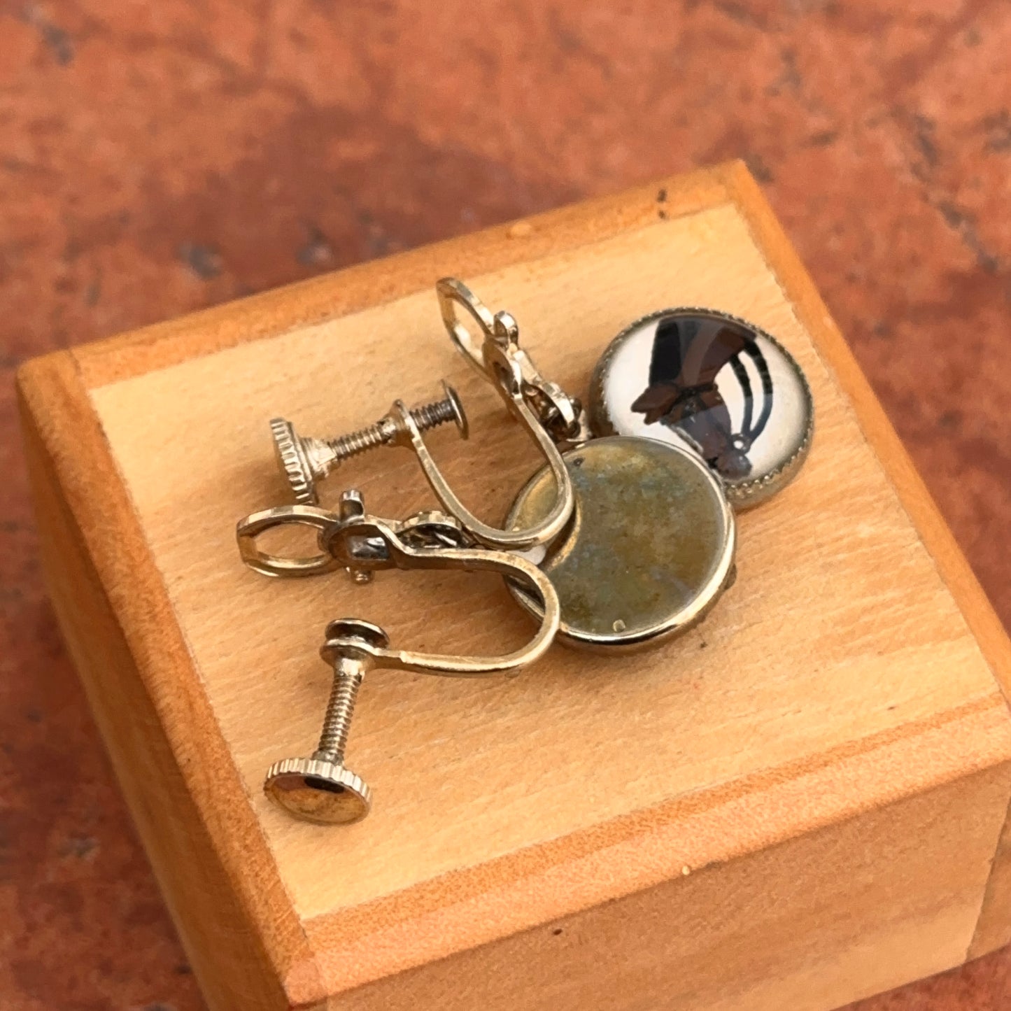 Antique Gold Tone Painted Horse Crystal Non-Pierced Screw Dangle Earrings