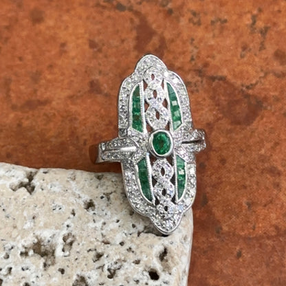 Estate 18KT White Gold Art Deco Emerald + Diamond Ring