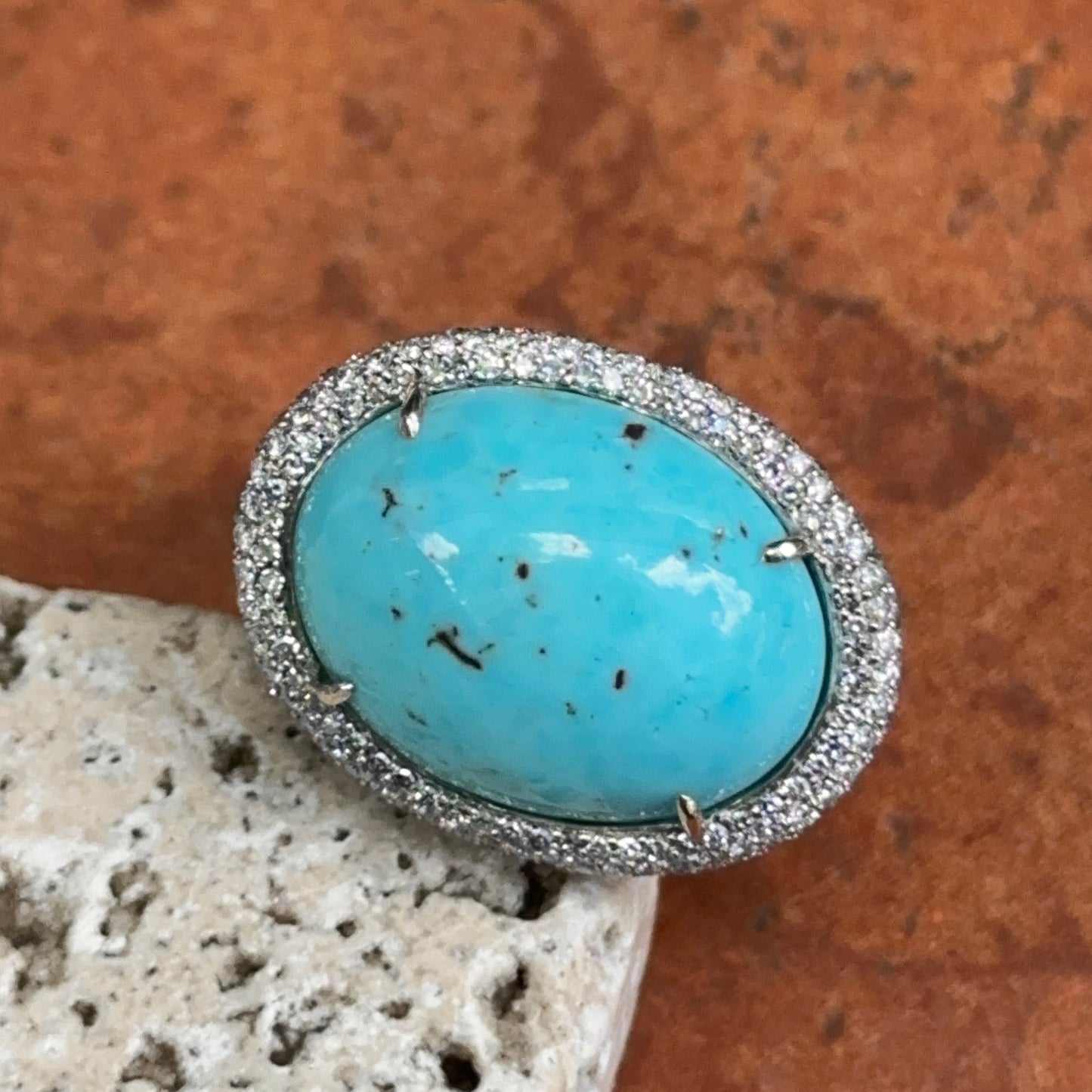 Estate 14KT White Gold Cabochon Turquoise + Pave Diamond Ring