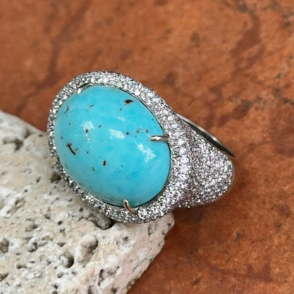Estate 14KT White Gold Cabochon Turquoise + Pave Diamond Ring