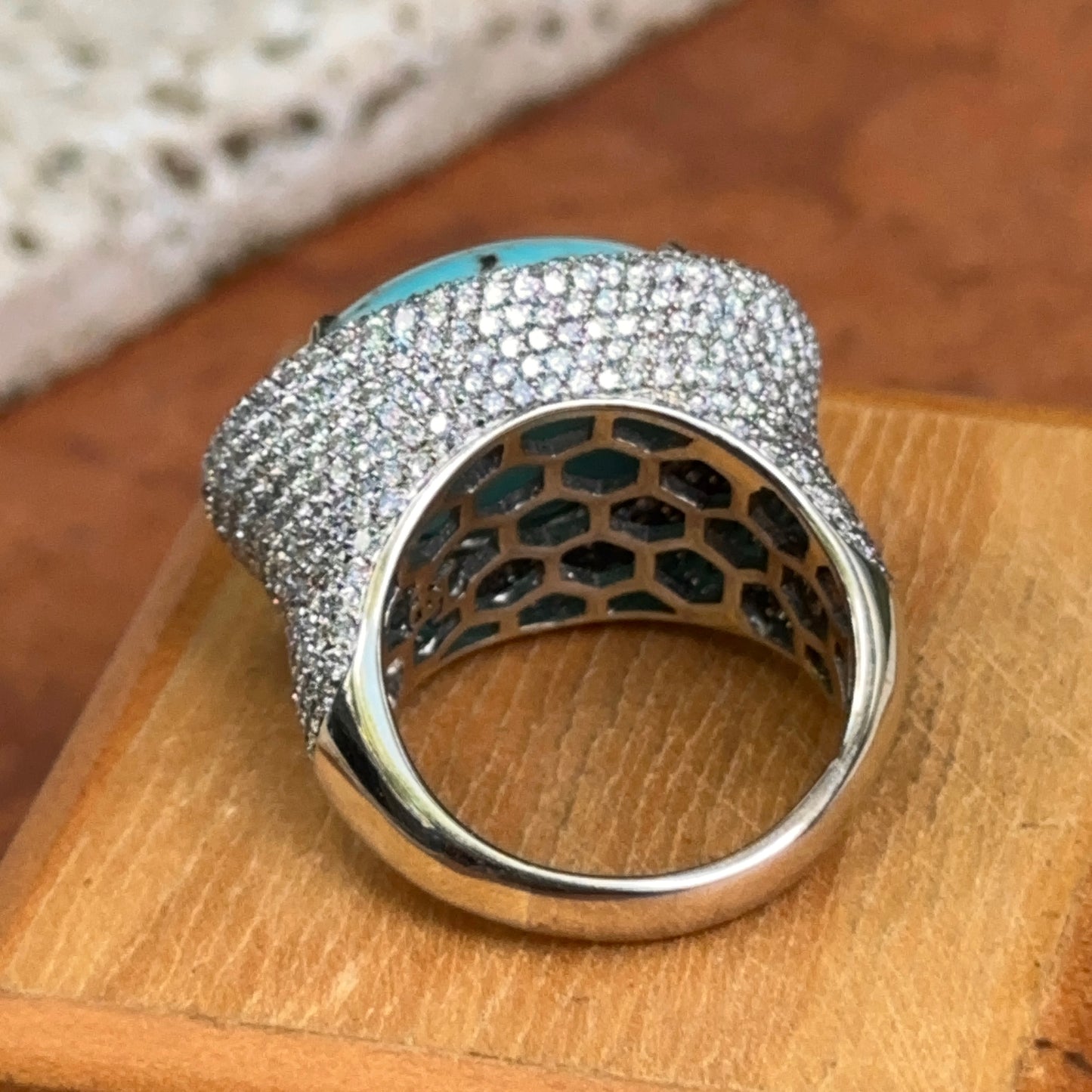 Estate 14KT White Gold Cabochon Turquoise + Pave Diamond Ring