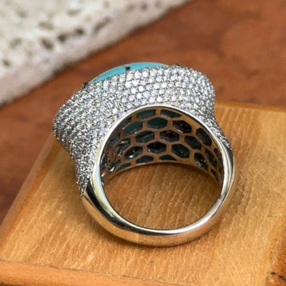 Estate 14KT White Gold Cabochon Turquoise + Pave Diamond Ring