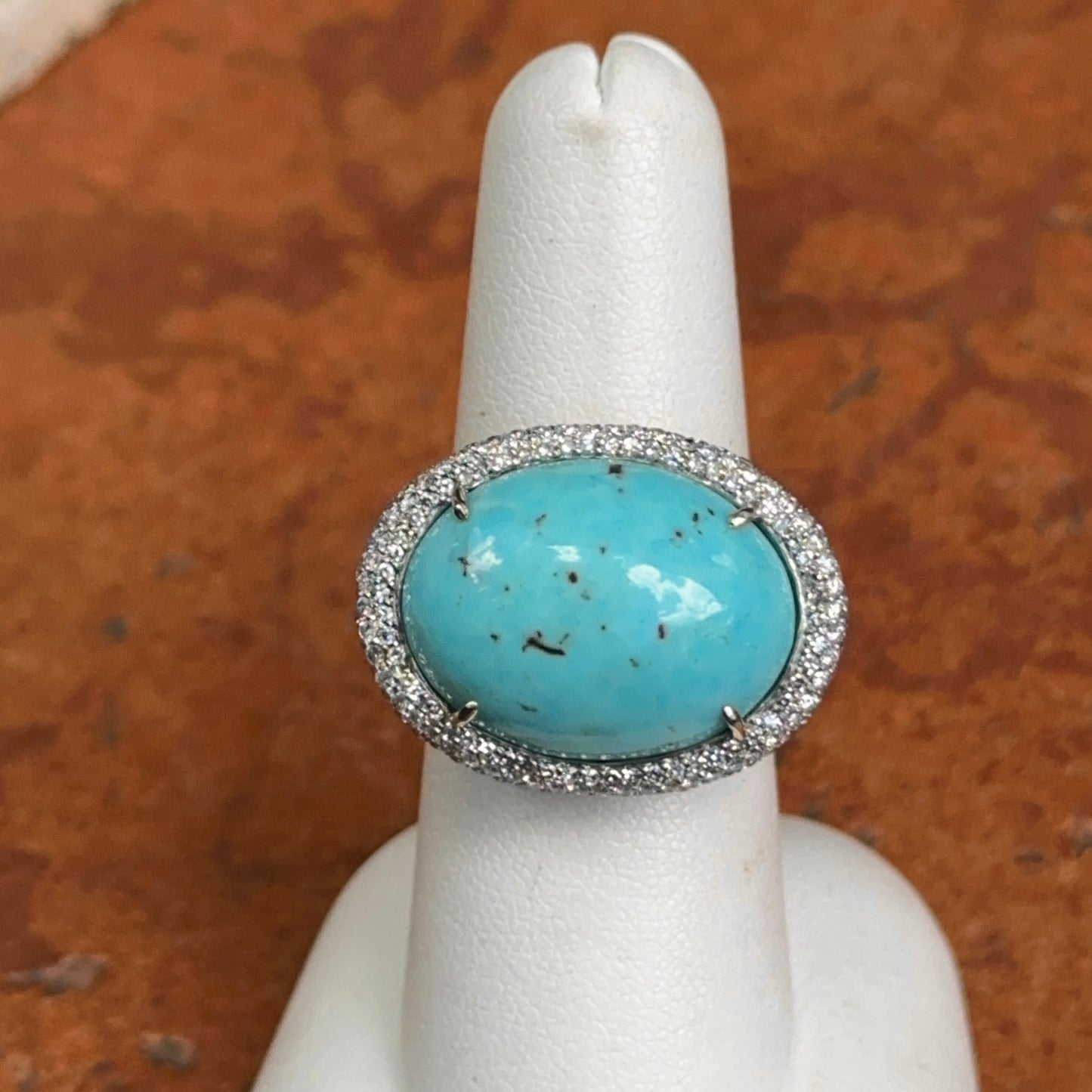 Estate 14KT White Gold Cabochon Turquoise + Pave Diamond Ring