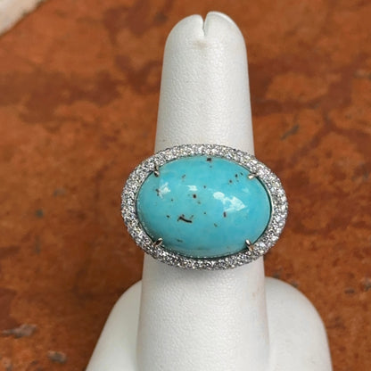 Estate 14KT White Gold Cabochon Turquoise + Pave Diamond Ring