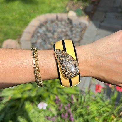 Designer Susan Sadler 18KT Yellow Gold Leopard Jasper + Bakelite Bangle Bracelet