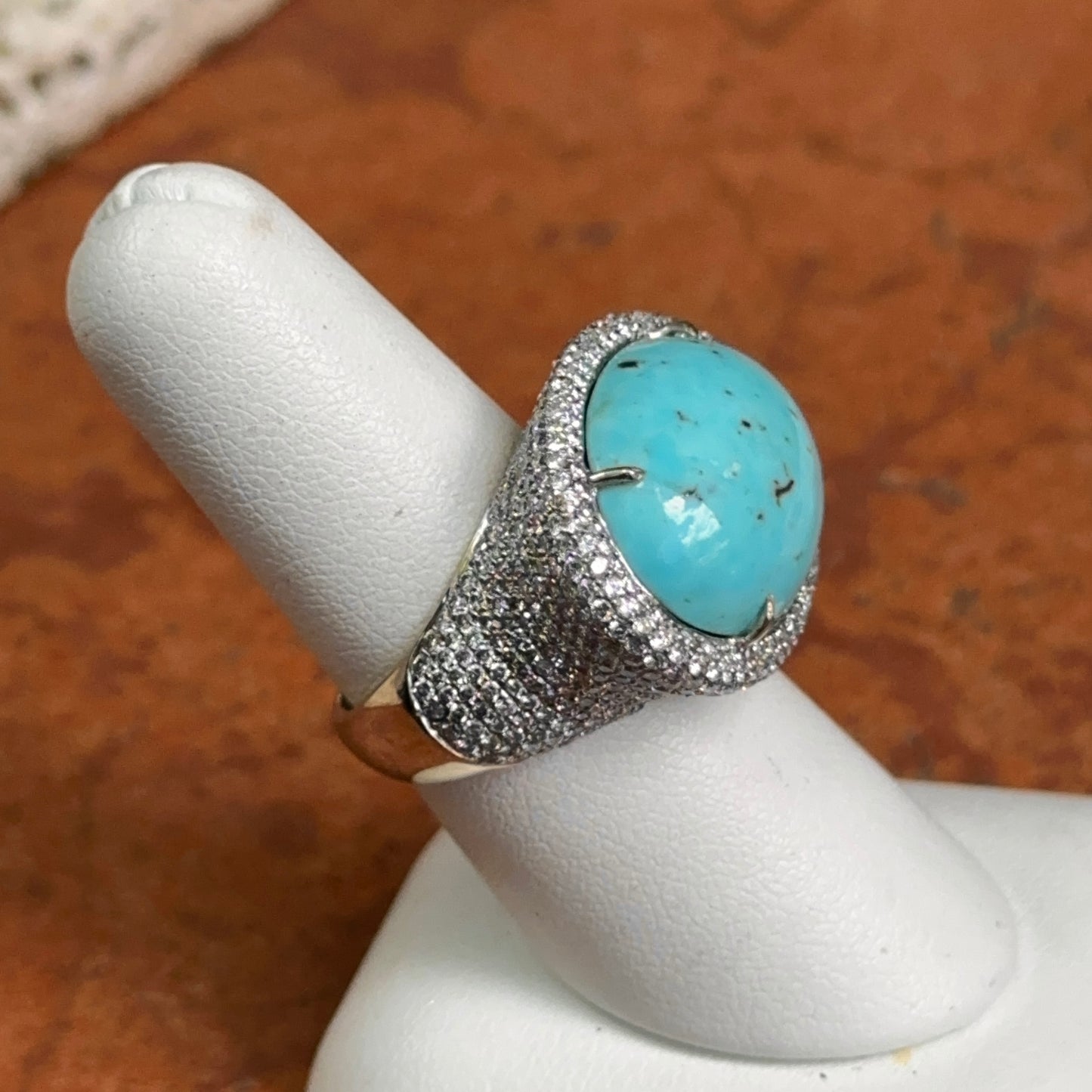 Estate 14KT White Gold Cabochon Turquoise + Pave Diamond Ring