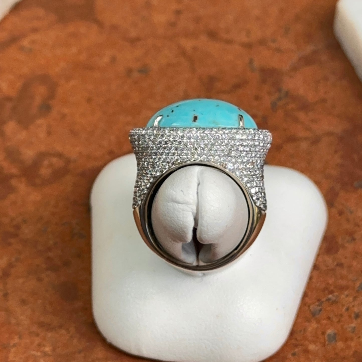 Estate 14KT White Gold Cabochon Turquoise + Pave Diamond Ring