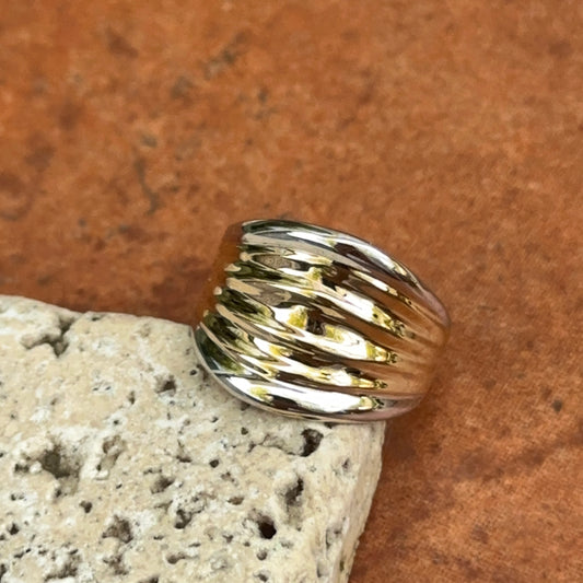 14KT Yellow Gold + White Gold Accent Domed Textured Band Ring