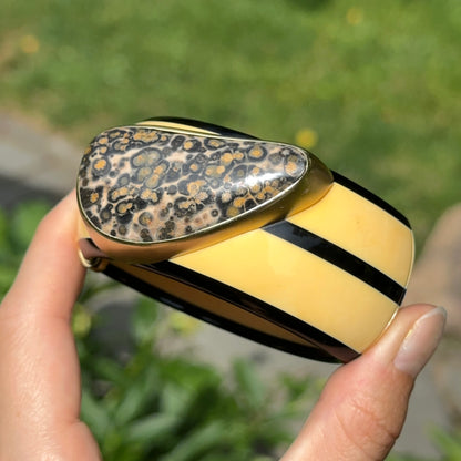 Designer Susan Sadler 18KT Yellow Gold Leopard Jasper + Bakelite Bangle Bracelet